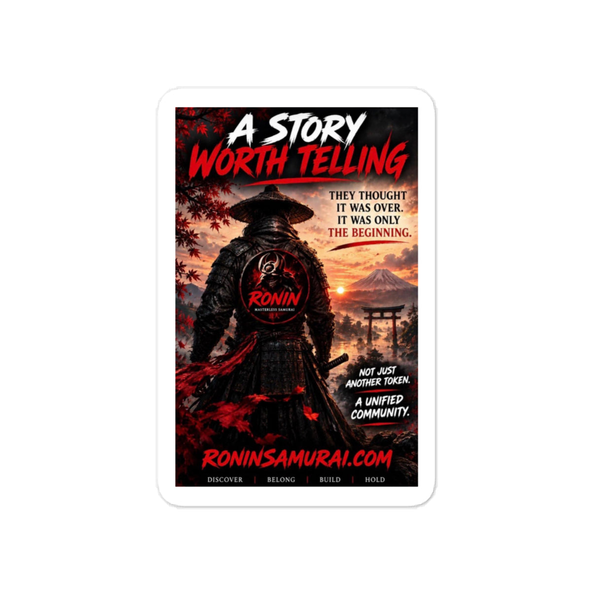 Story Worth Telling Vinyl Decal: straw-hat ronin before a torii under a red sky, A STORY WORTH TELLING