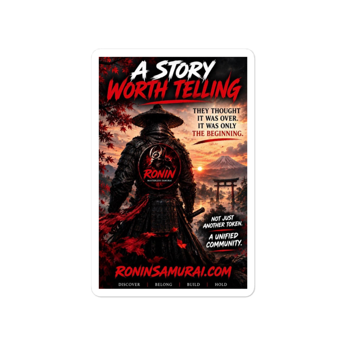 Story Worth Telling Vinyl Decal: straw-hat ronin before a torii under a red sky, A STORY WORTH TELLING