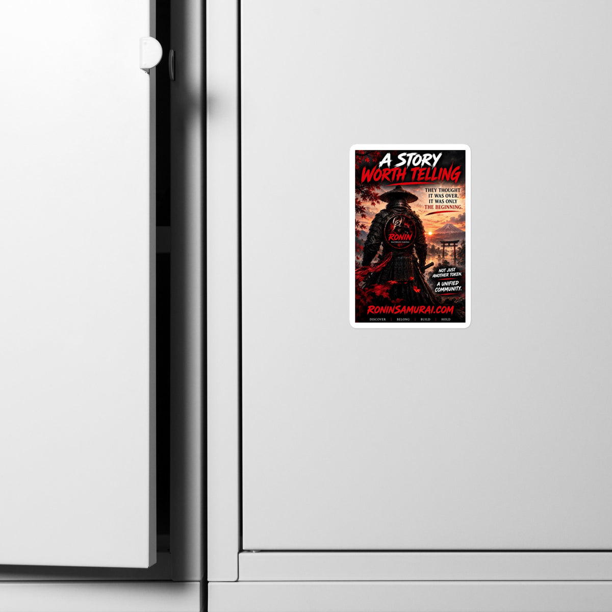 Story Worth Telling Vinyl Decal: straw-hat ronin before a torii under a red sky, A STORY WORTH TELLING
