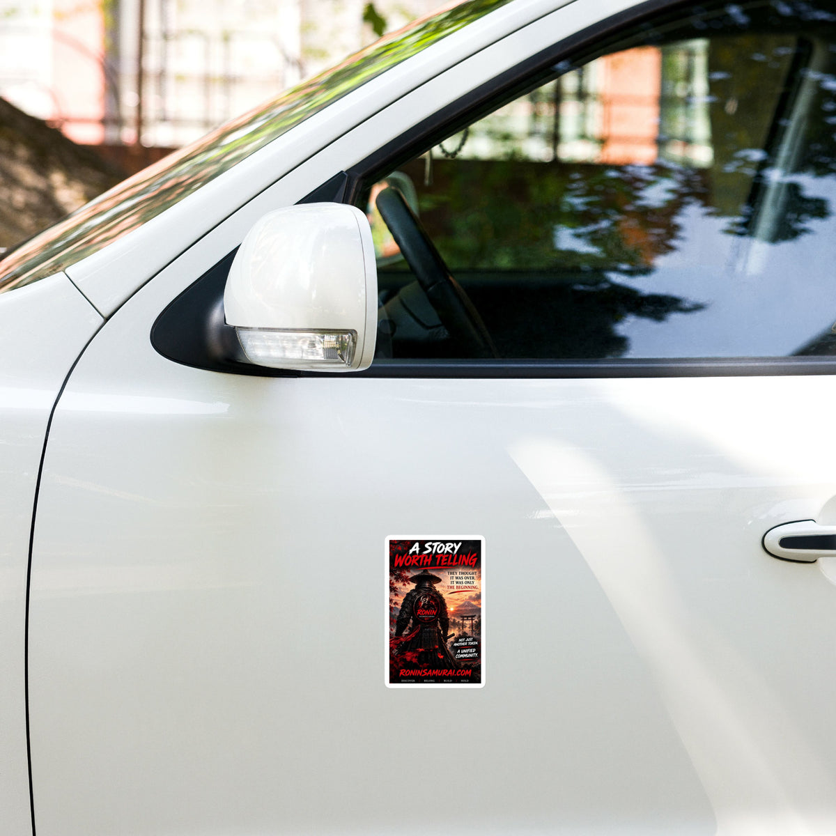 Story Worth Telling Vinyl Decal: straw-hat ronin before a torii under a red sky, A STORY WORTH TELLING