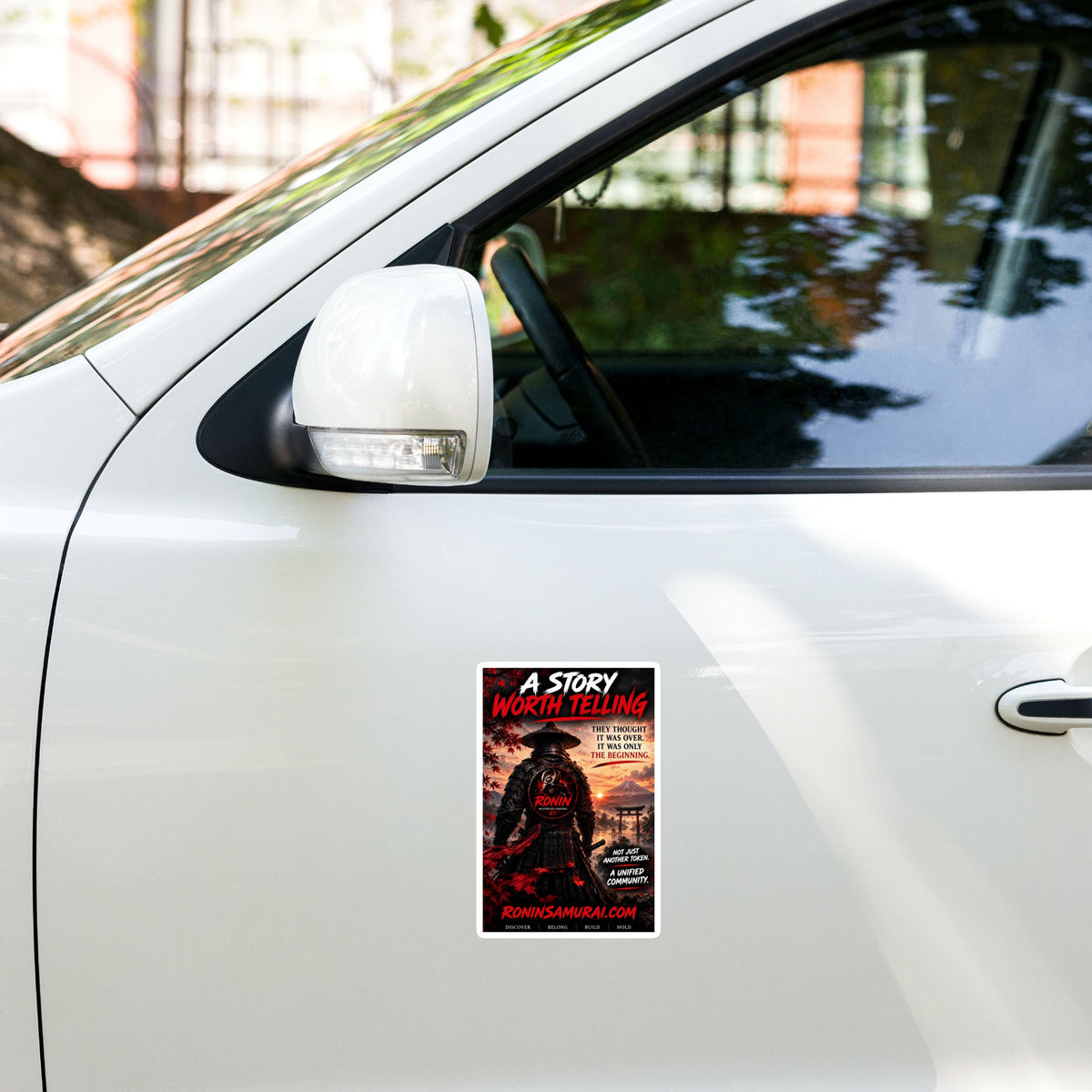 Story Worth Telling Vinyl Decal: straw-hat ronin before a torii under a red sky, A STORY WORTH TELLING