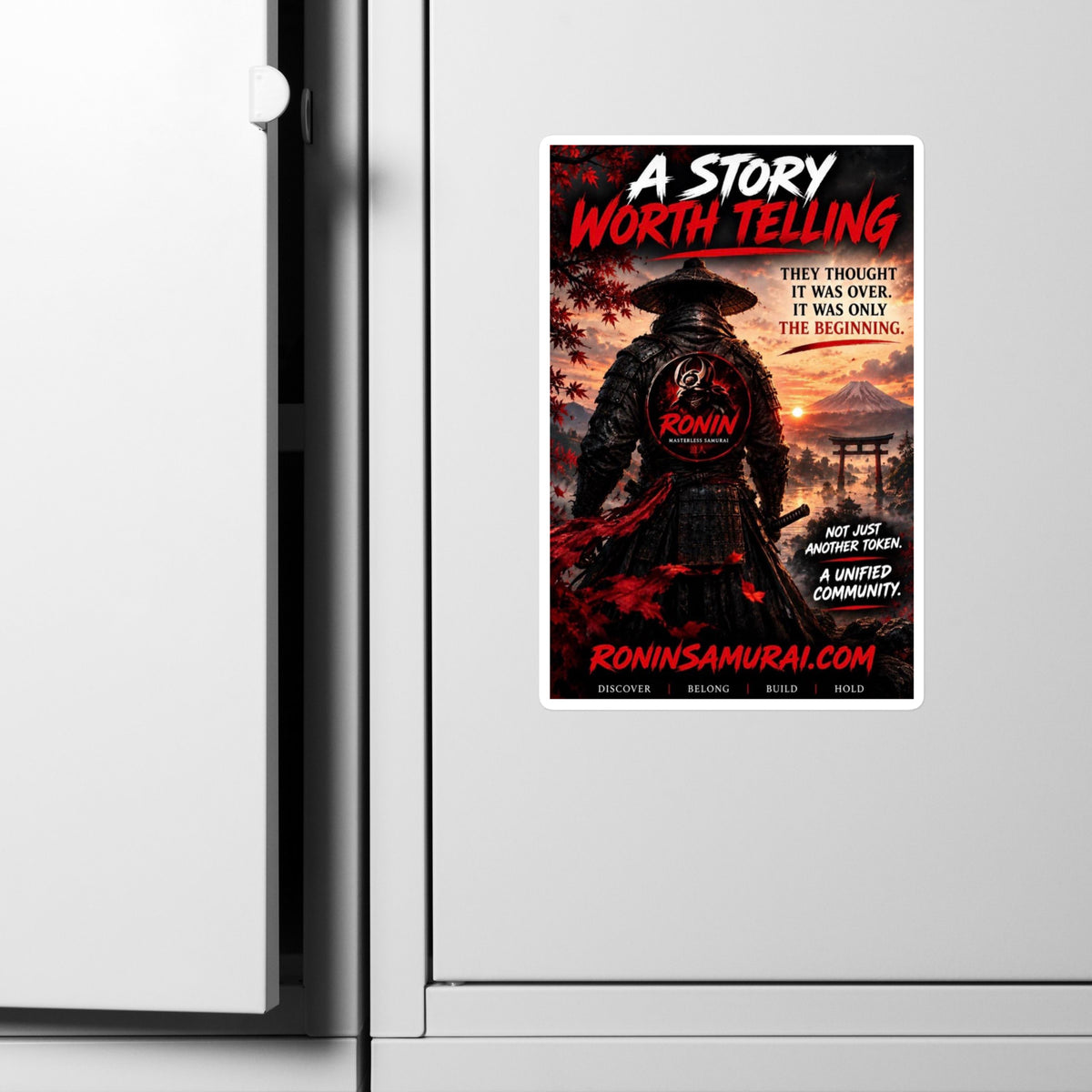 Story Worth Telling Vinyl Decal: straw-hat ronin before a torii under a red sky, A STORY WORTH TELLING