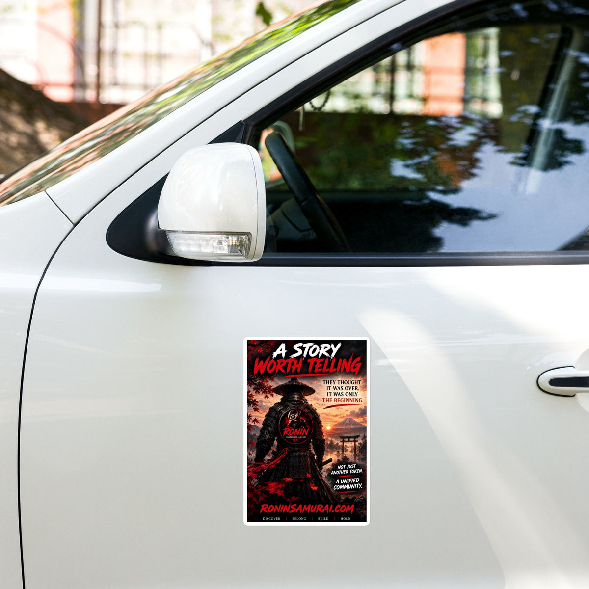 Story Worth Telling Vinyl Decal: straw-hat ronin before a torii under a red sky, A STORY WORTH TELLING