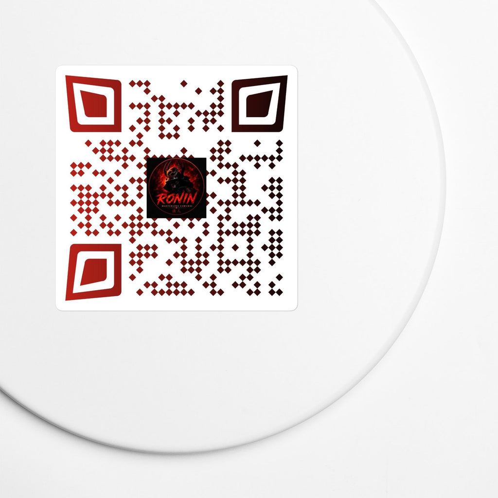 Ronin QR Code Vinyl Decal 8″ × 10″: red and white RONIN QR code decal with samurai emblem