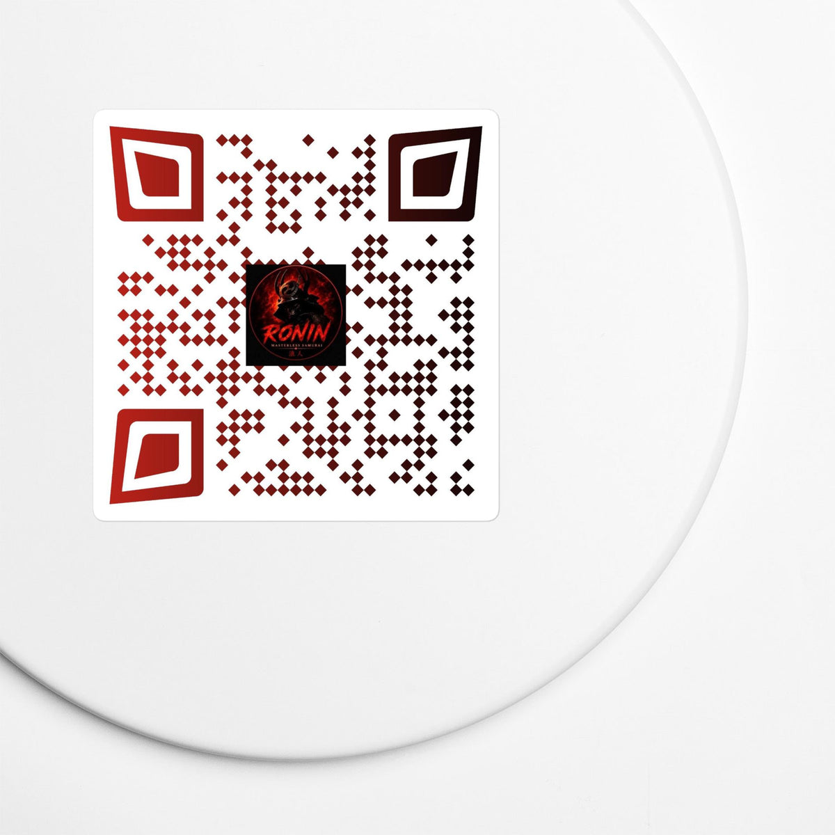 Ronin QR Code Vinyl Decal 8″ × 10″: red and white RONIN QR code decal with samurai emblem