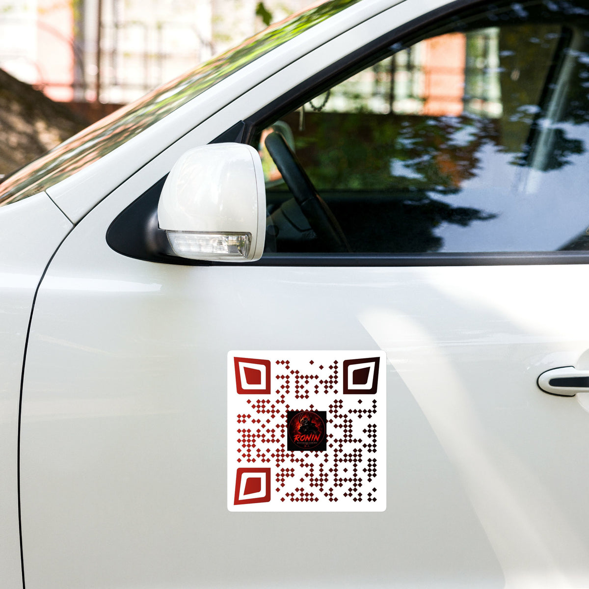 Ronin QR Code Vinyl Decal 8″ × 10″: red and white RONIN QR code decal with samurai emblem