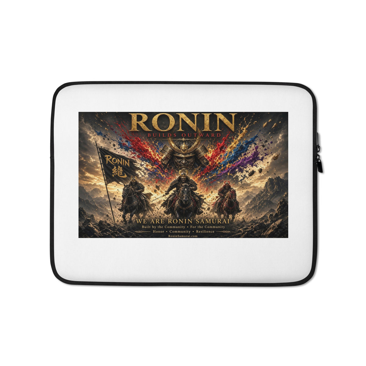 We Are Ronin Laptop Sleeve: armored samurai riders under war banners with red and blue paint bursts, gold RONIN