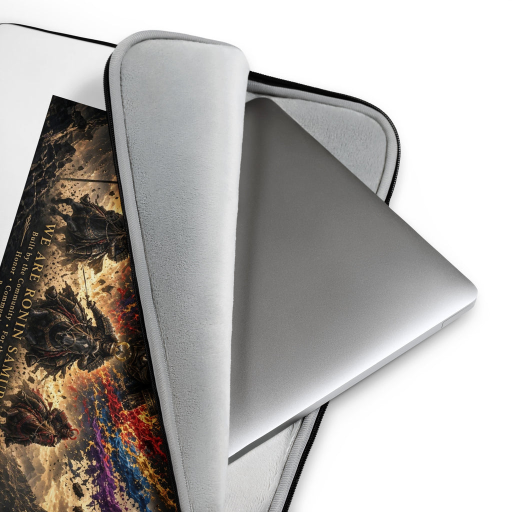 We Are Ronin Laptop Sleeve: armored samurai riders under war banners with red and blue paint bursts, gold RONIN