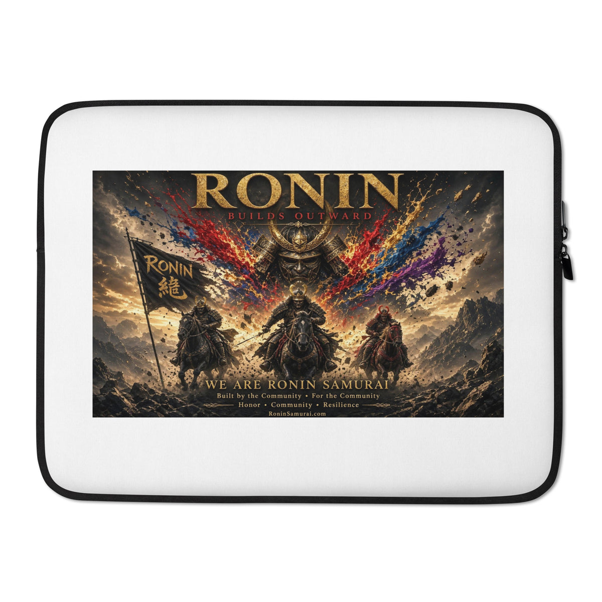 We Are Ronin Laptop Sleeve: armored samurai riders under war banners with red and blue paint bursts, gold RONIN