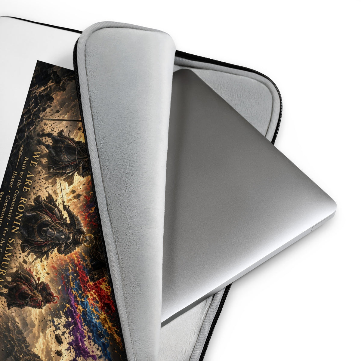 We Are Ronin Laptop Sleeve: armored samurai riders under war banners with red and blue paint bursts, gold RONIN