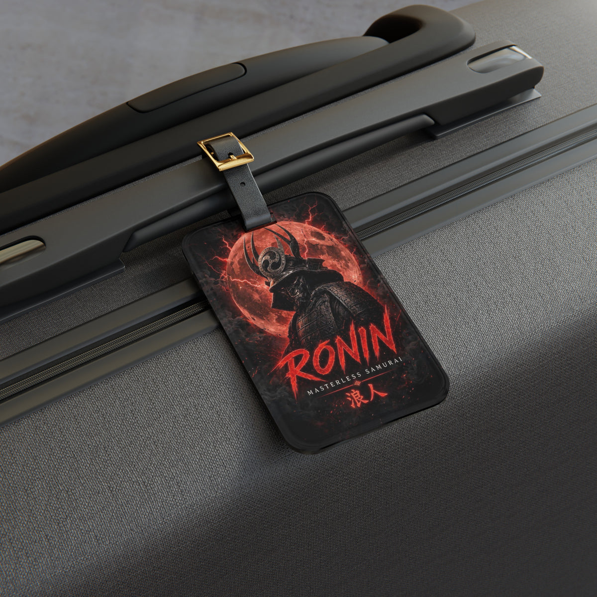 Blood Moon Ronin Luggage Tag: acrylic luggage tag with a horned samurai before a blood-red moon and red RONIN