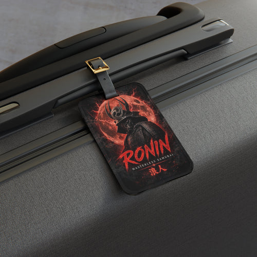 Blood Moon Ronin Luggage Tag: acrylic luggage tag with a horned samurai before a blood-red moon and red RONIN