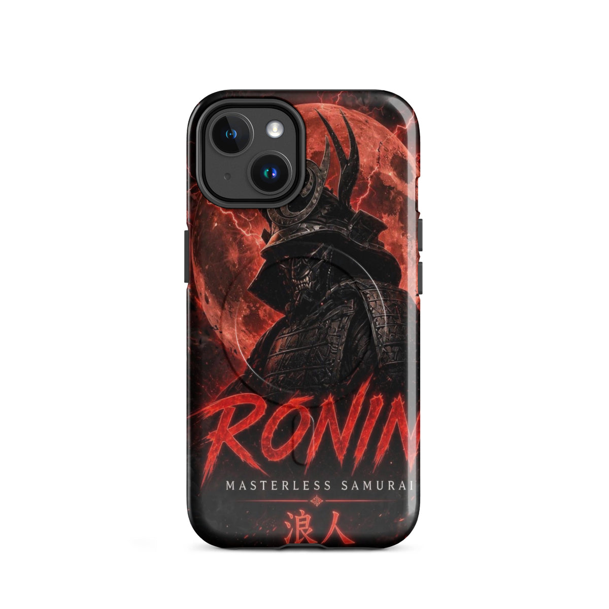 Blood Moon Ronin MagSafe tough case on iPhone 14: horned samurai before a blood-red moon, red RONIN Masterless Samurai 浪人 lettering