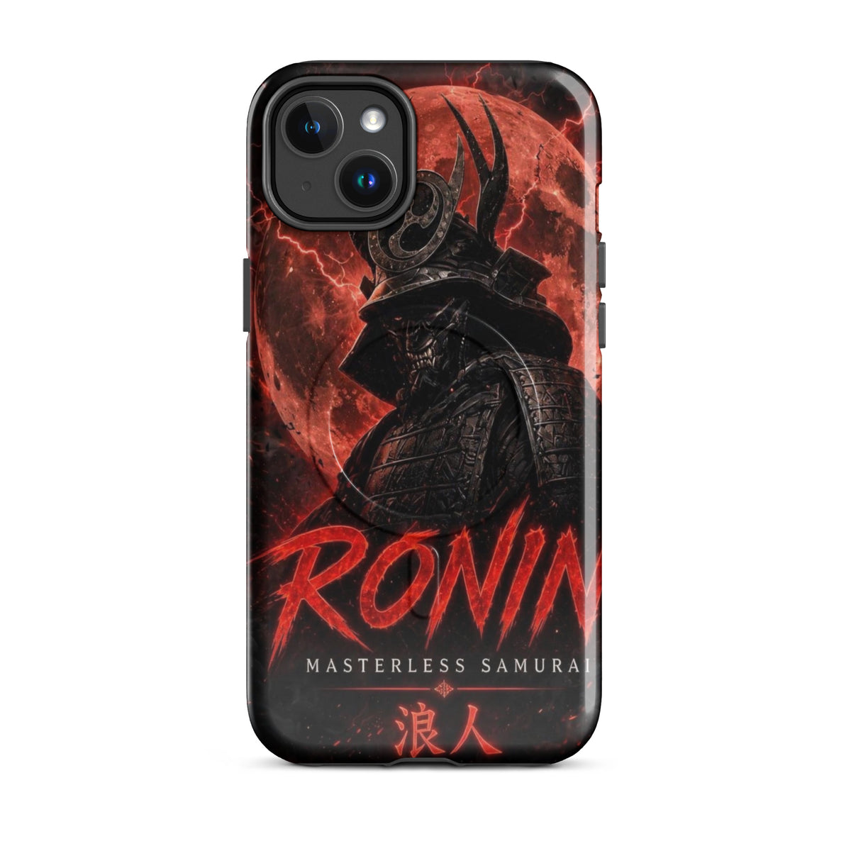 Blood Moon Ronin MagSafe tough case on iPhone 14 Plus: horned samurai before a blood-red moon, red RONIN Masterless Samurai 浪人 lettering