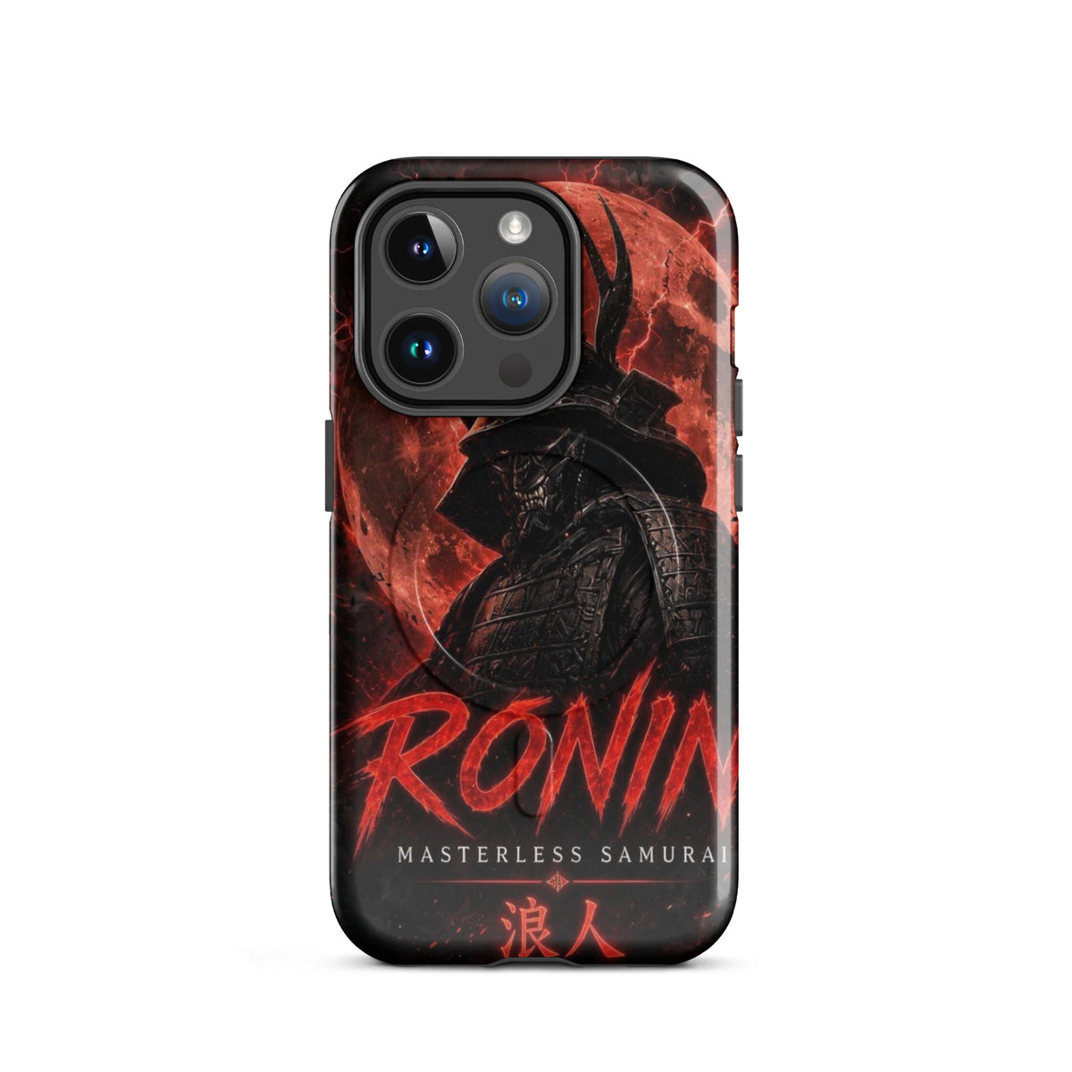 Blood Moon Ronin MagSafe tough case on iPhone 14 Pro: horned samurai before a blood-red moon, red RONIN Masterless Samurai 浪人 lettering