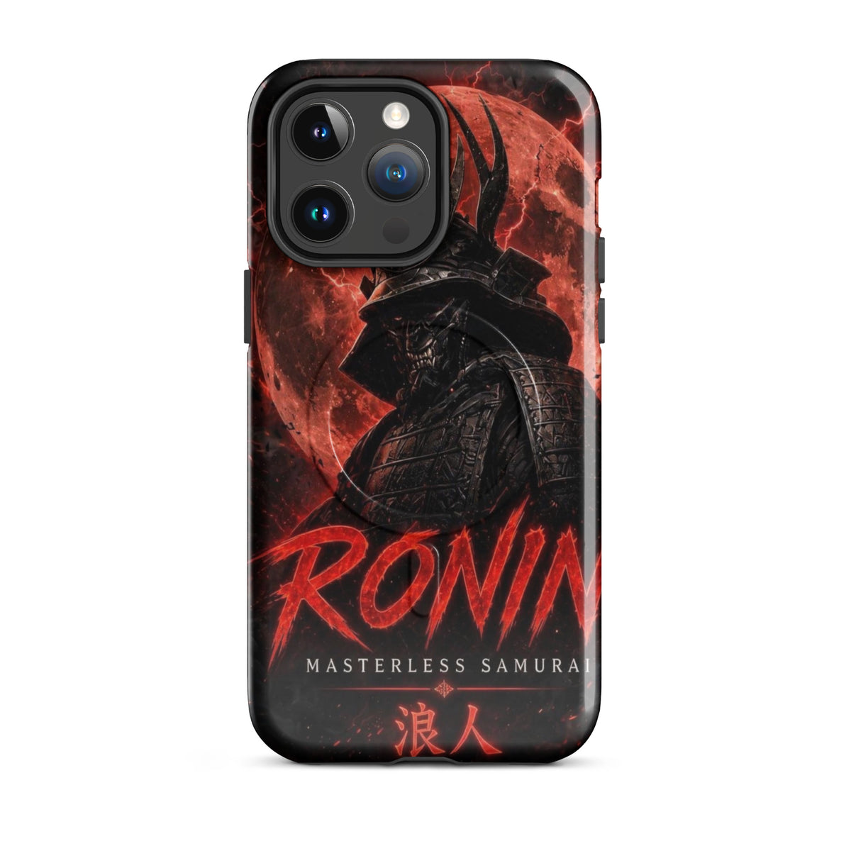 Blood Moon Ronin MagSafe tough case on iPhone 14 Pro Max: horned samurai before a blood-red moon, red RONIN Masterless Samurai 浪人 lettering