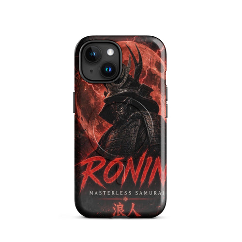 Blood Moon Ronin MagSafe tough case on iPhone 15: horned samurai before a blood-red moon, red RONIN Masterless Samurai 浪人 lettering