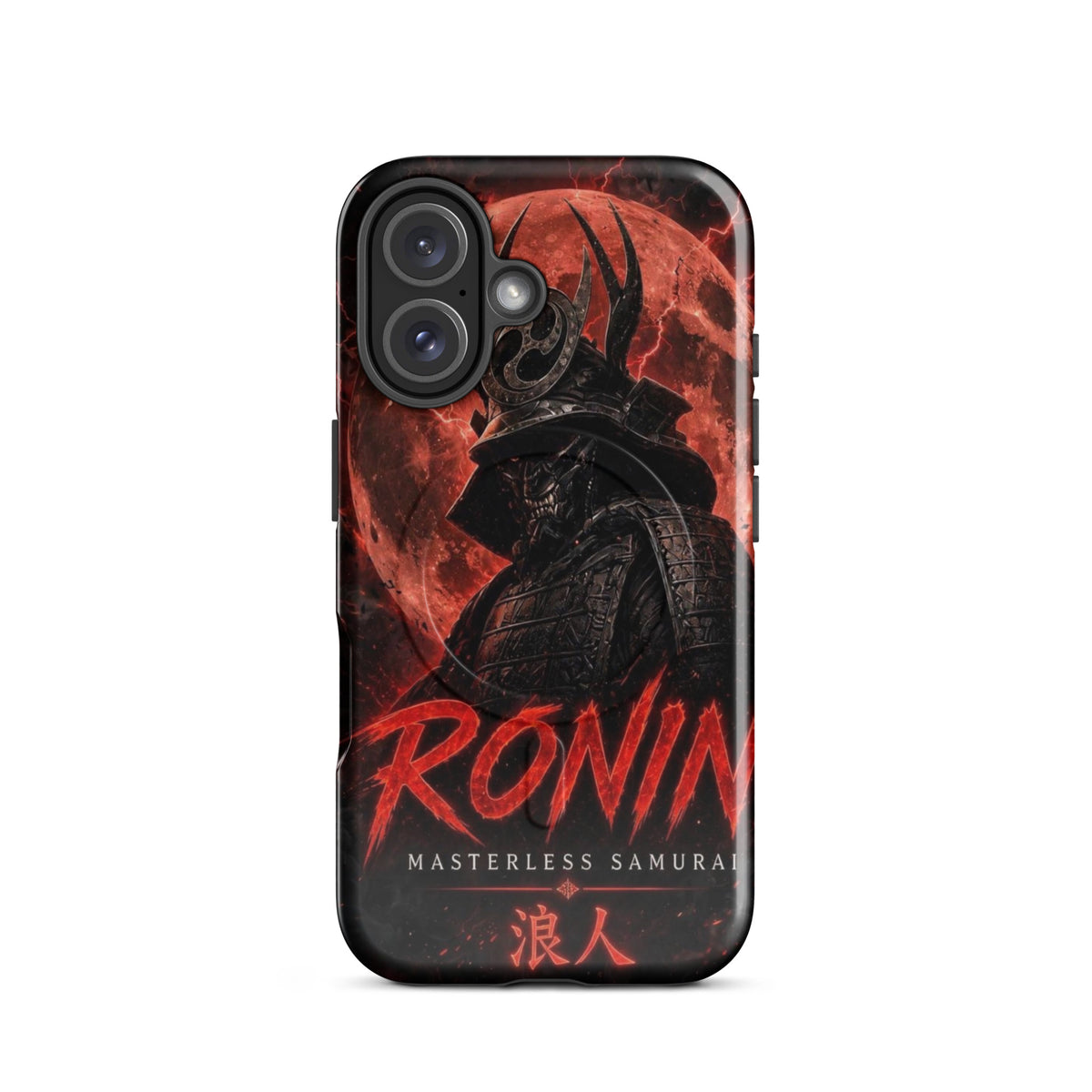 Blood Moon Ronin MagSafe tough case on iPhone 16: horned samurai before a blood-red moon, red RONIN Masterless Samurai 浪人 lettering