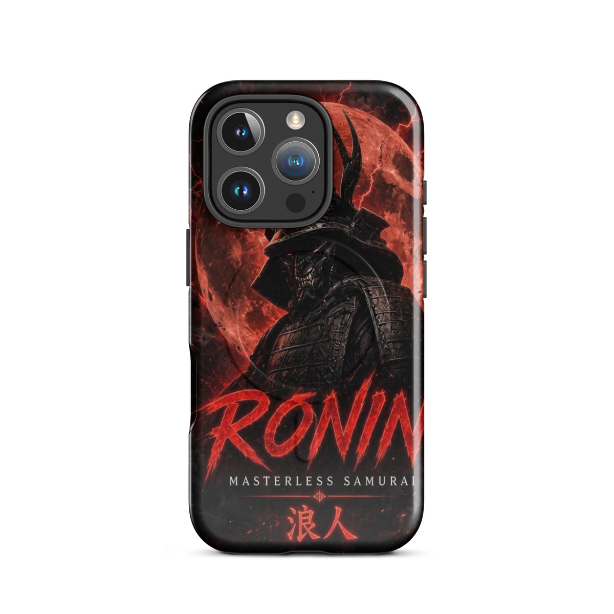 Blood Moon Ronin MagSafe tough case on iPhone 16 Pro: horned samurai before a blood-red moon, red RONIN Masterless Samurai 浪人 lettering