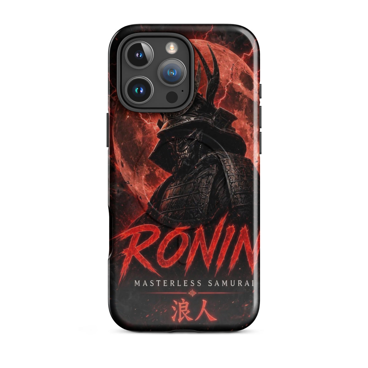 Blood Moon Ronin MagSafe tough case on iPhone 16 Pro Max: horned samurai before a blood-red moon, red RONIN Masterless Samurai 浪人 lettering