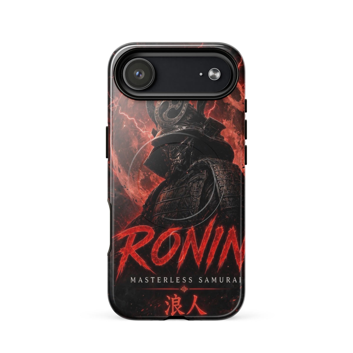 Blood Moon Ronin MagSafe tough case on iPhone 17 Air: horned samurai before a blood-red moon, red RONIN Masterless Samurai 浪人 lettering