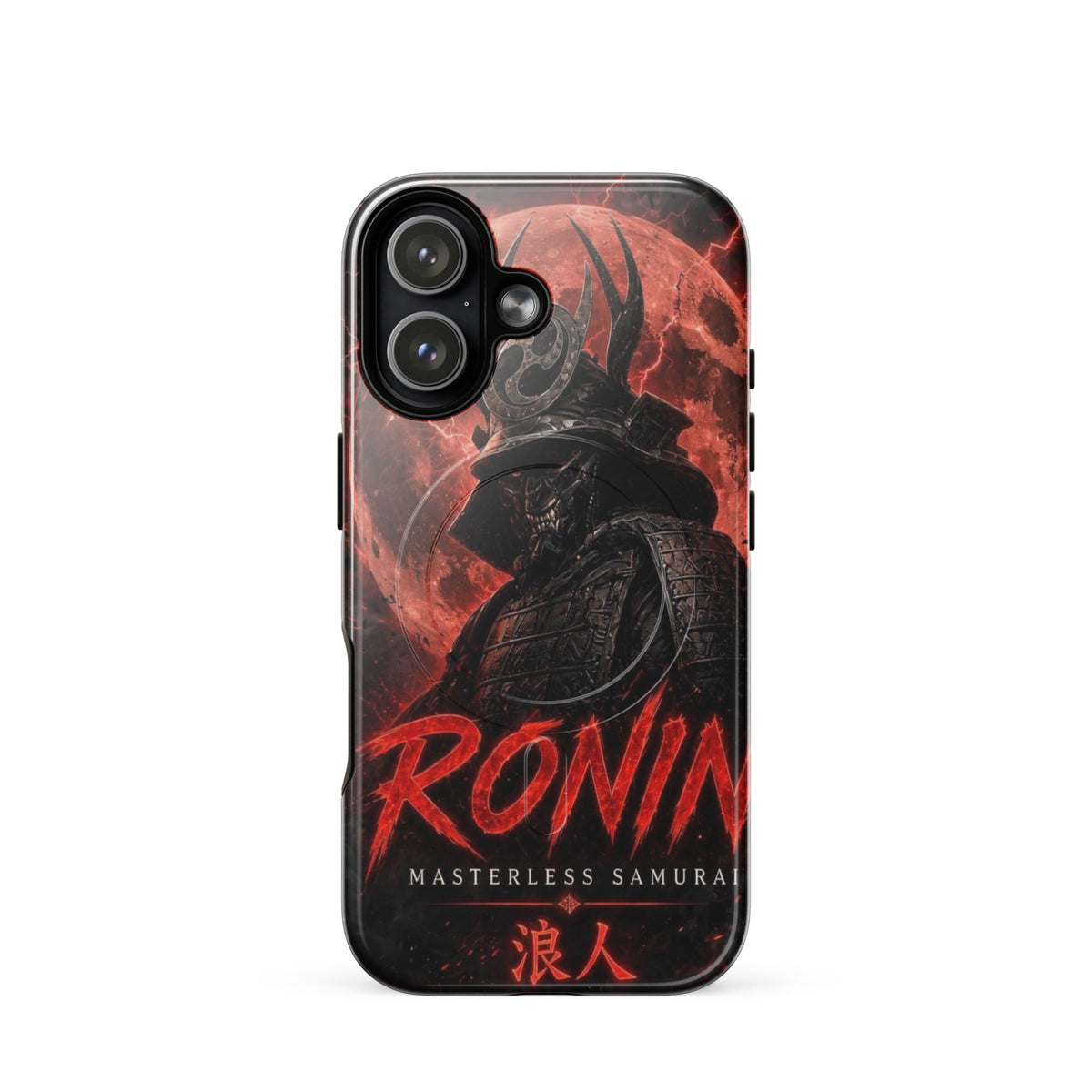 Blood Moon Ronin MagSafe tough case on iPhone 17: horned samurai before a blood-red moon, red RONIN Masterless Samurai 浪人 lettering