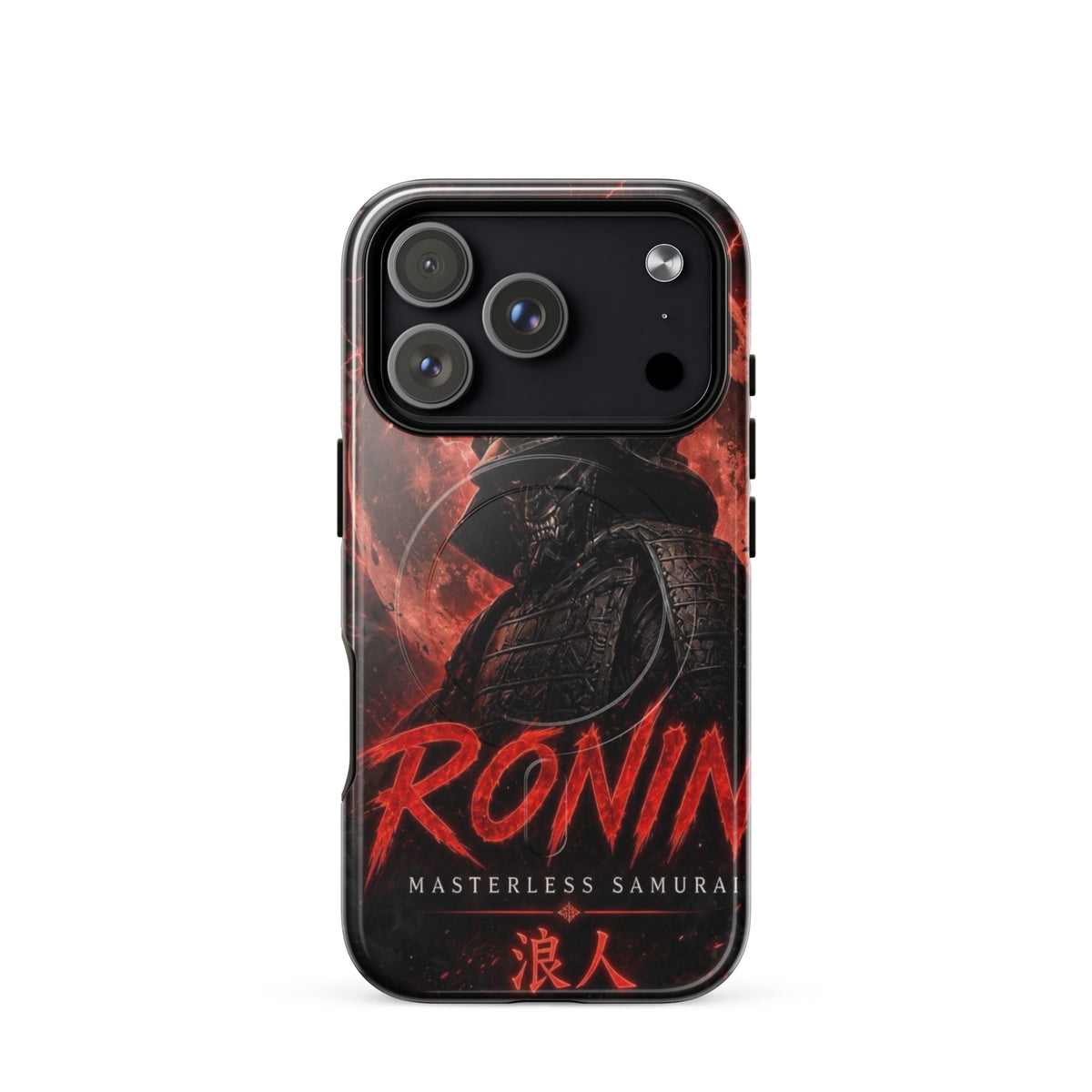 Blood Moon Ronin MagSafe tough case on iPhone 17 Pro: horned samurai before a blood-red moon, red RONIN Masterless Samurai 浪人 lettering