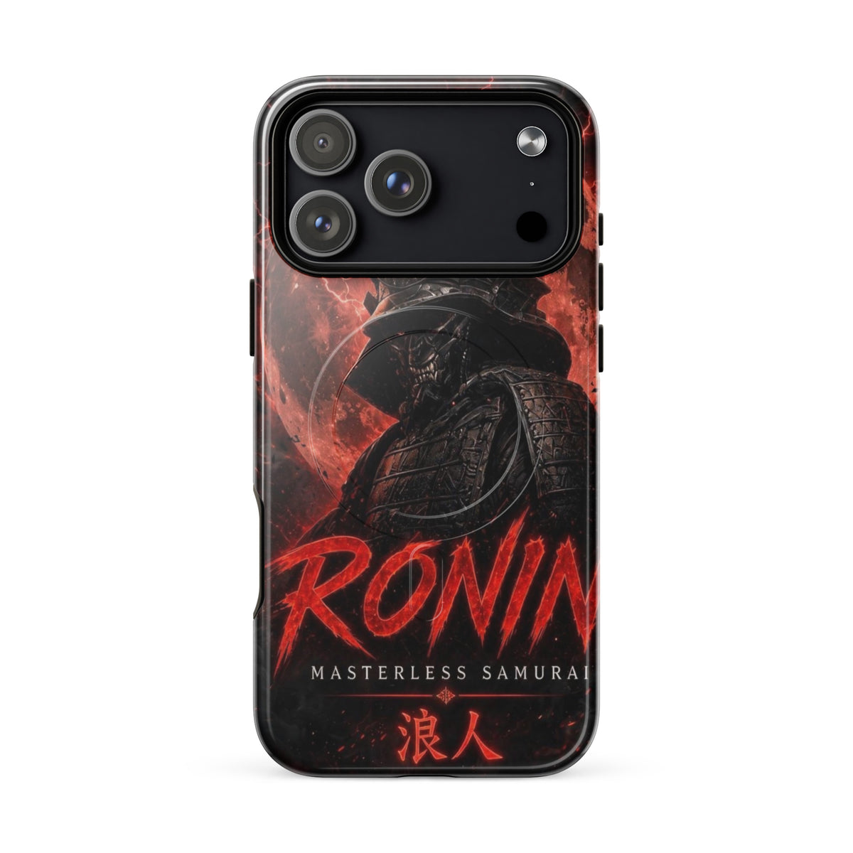 Blood Moon Ronin MagSafe tough case on iPhone 18 Pro Max: horned samurai before a blood-red moon, red RONIN Masterless Samurai 浪人 lettering