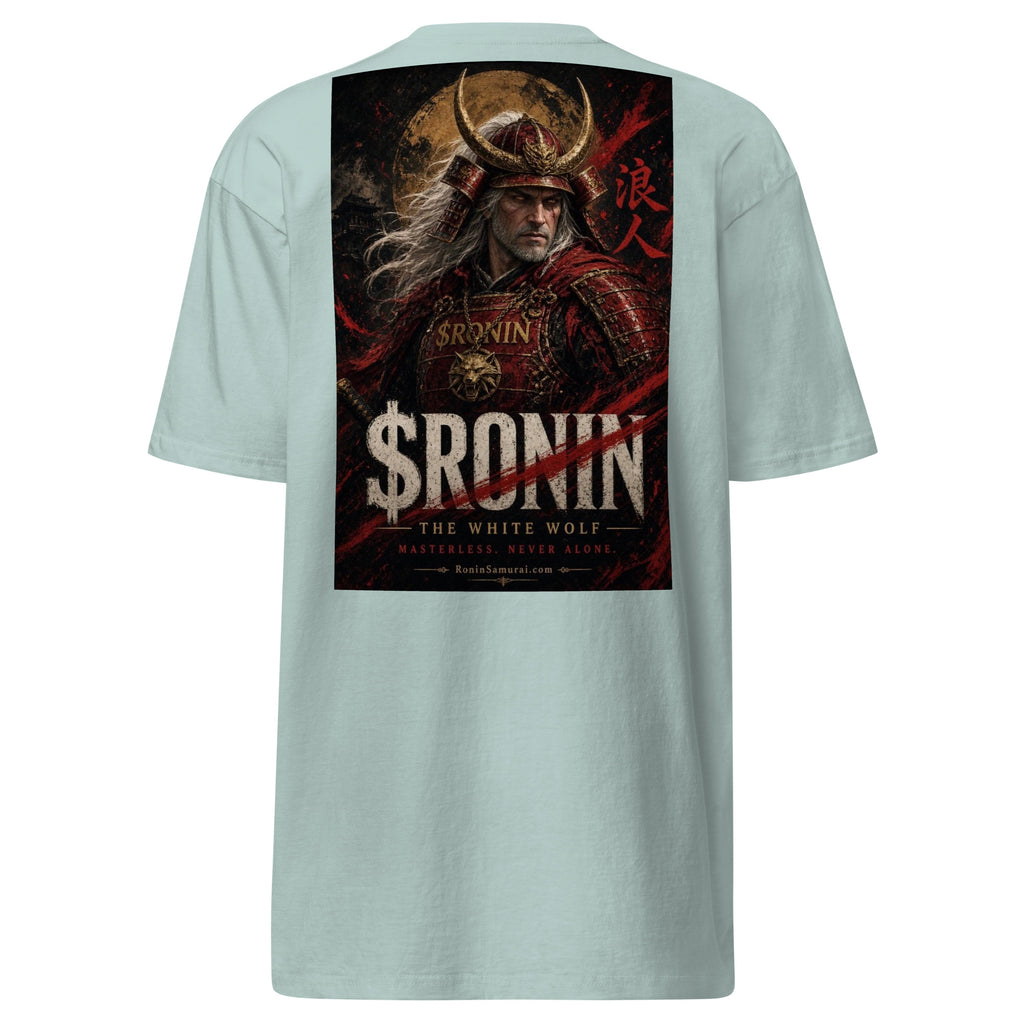 Silver-Haired Ronin Tee, agave back: back print of a silver-haired, scarred warrior in crimson armor and gold-horned kabuto under a bold $RONIN title