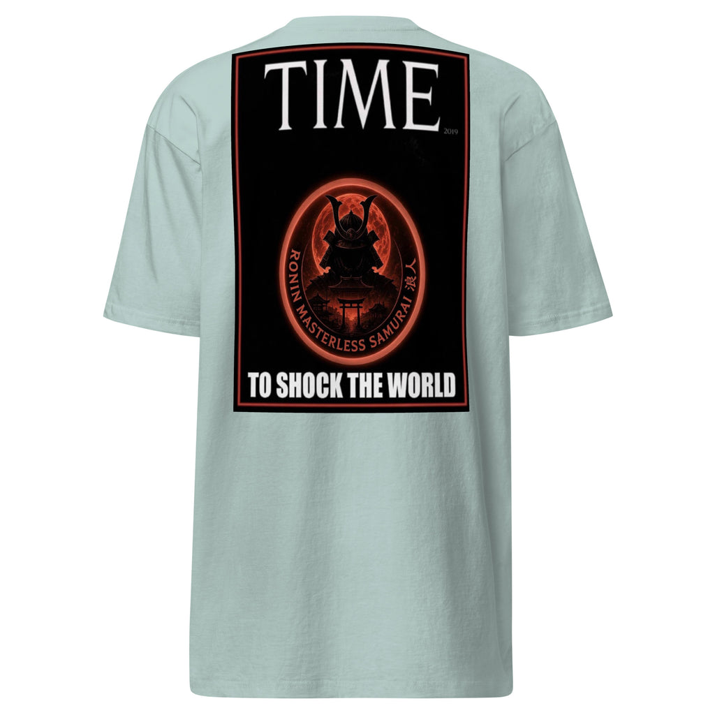 Ronin Cover Story Tee, agave back: back print of a red-framed cover-style poster with the round RONIN samurai seal and TO SHOCK THE WORLD