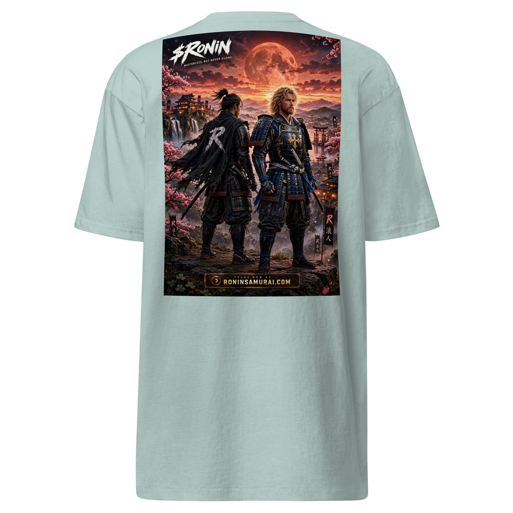 Sworn Brothers Ronin Tee, agave back: two warriors, a dark-haired ronin and a golden-haired samurai in blue armor, under a blood-red moon with a white $RONIN