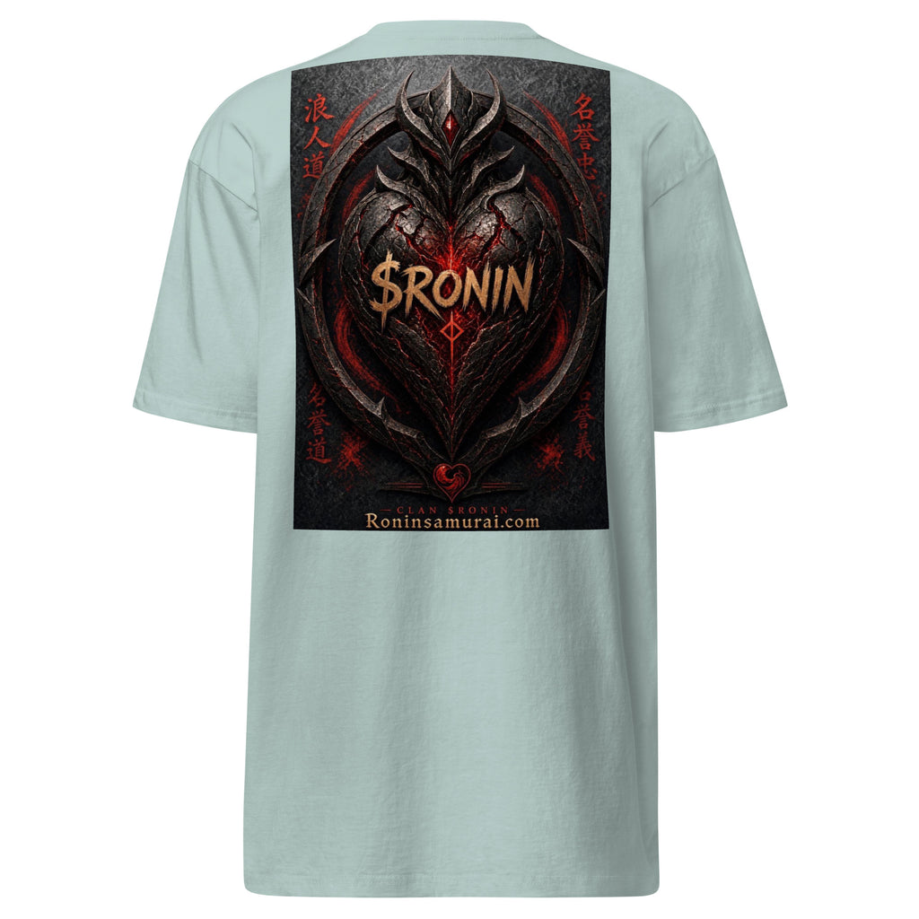 Obsidian Heart Ronin Tee, agave back: spiked black armored heart with a glowing red core and $RONIN, red kanji at the sides