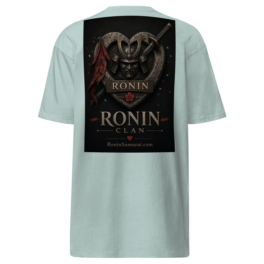 Kabuto Heart Ronin Clan Tee, agave back: stone heart with a masked kabuto warrior, katana and red banner, RONIN CLAN