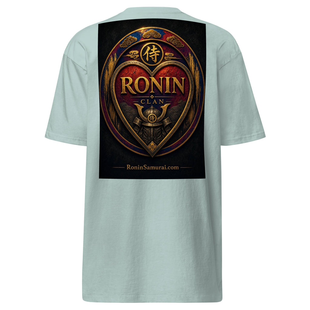 Royal Crest Ronin Clan Tee, agave back: gilded red-and-gold heart shield with the 侍 seal, RONIN CLAN and kabuto emblem
