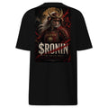 Silver-Haired Ronin Tee, black back: back print of a silver-haired, scarred warrior in crimson armor and gold-horned kabuto under a bold $RONIN title