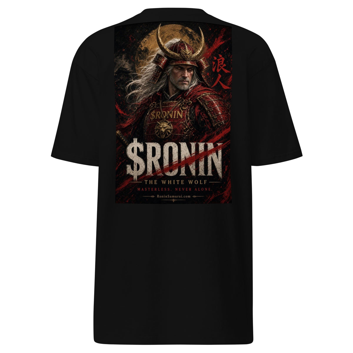 Silver-Haired Ronin Tee, black back: back print of a silver-haired, scarred warrior in crimson armor and gold-horned kabuto under a bold $RONIN title
