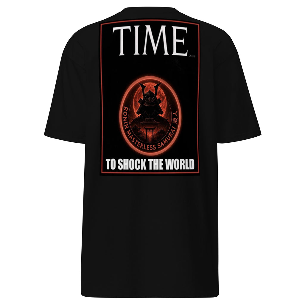 Ronin Cover Story Tee, black back: back print of a red-framed cover-style poster with the round RONIN samurai seal and TO SHOCK THE WORLD