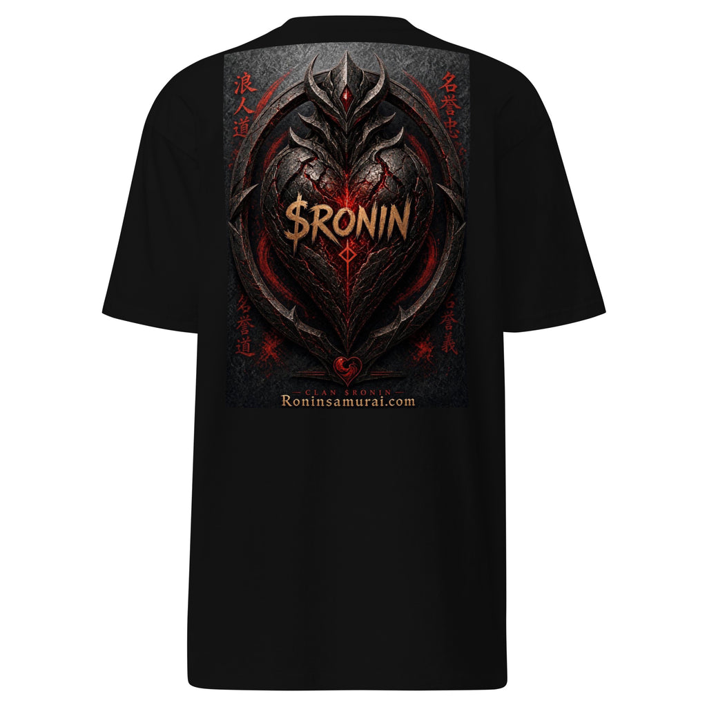 Obsidian Heart Ronin Tee, black back: spiked black armored heart with a glowing red core and $RONIN, red kanji at the sides