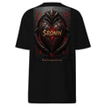 Obsidian Heart Ronin Tee, black back: spiked black armored heart with a glowing red core and $RONIN, red kanji at the sides