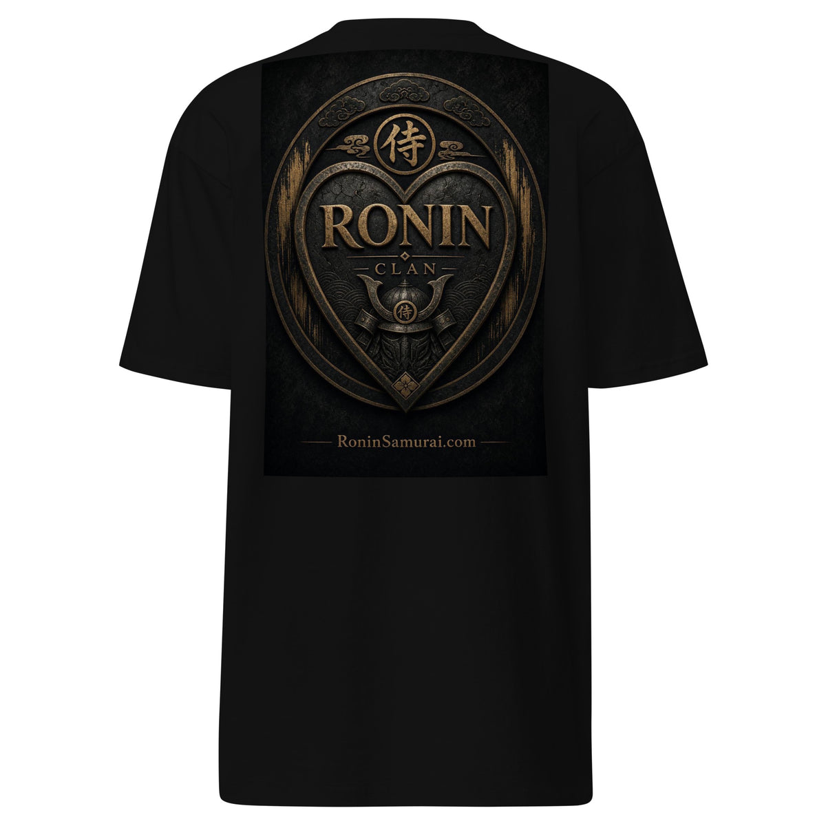 Bronze Crest Ronin Clan Tee, black back: bronze heart shield with the 侍 seal, RONIN CLAN and a kabuto emblem