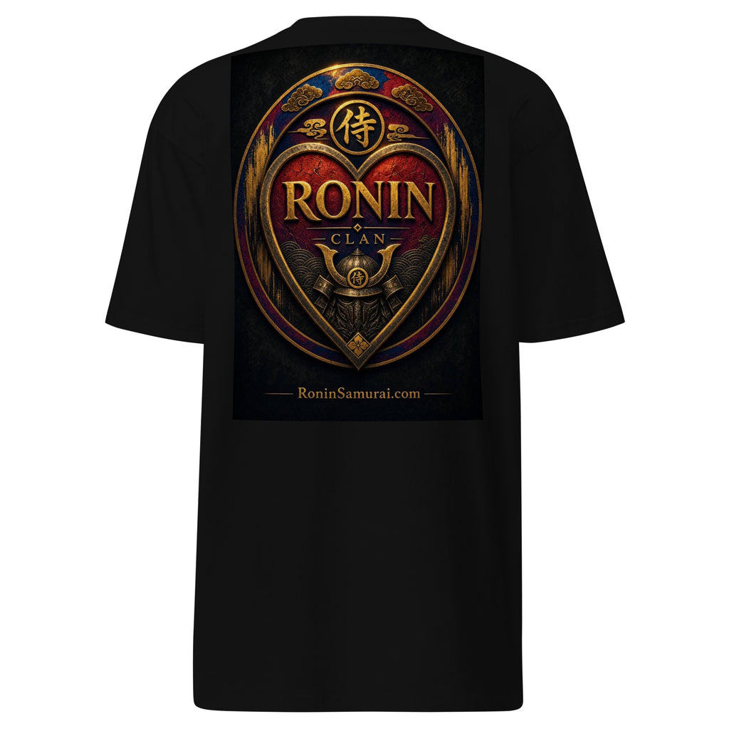 Royal Crest Ronin Clan Tee, black back: gilded red-and-gold heart shield with the 侍 seal, RONIN CLAN and kabuto emblem