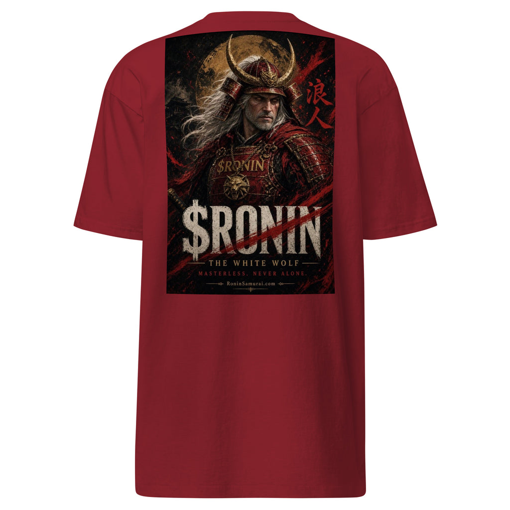 Silver-Haired Ronin Tee, brick red back: back print of a silver-haired, scarred warrior in crimson armor and gold-horned kabuto under a bold $RONIN title