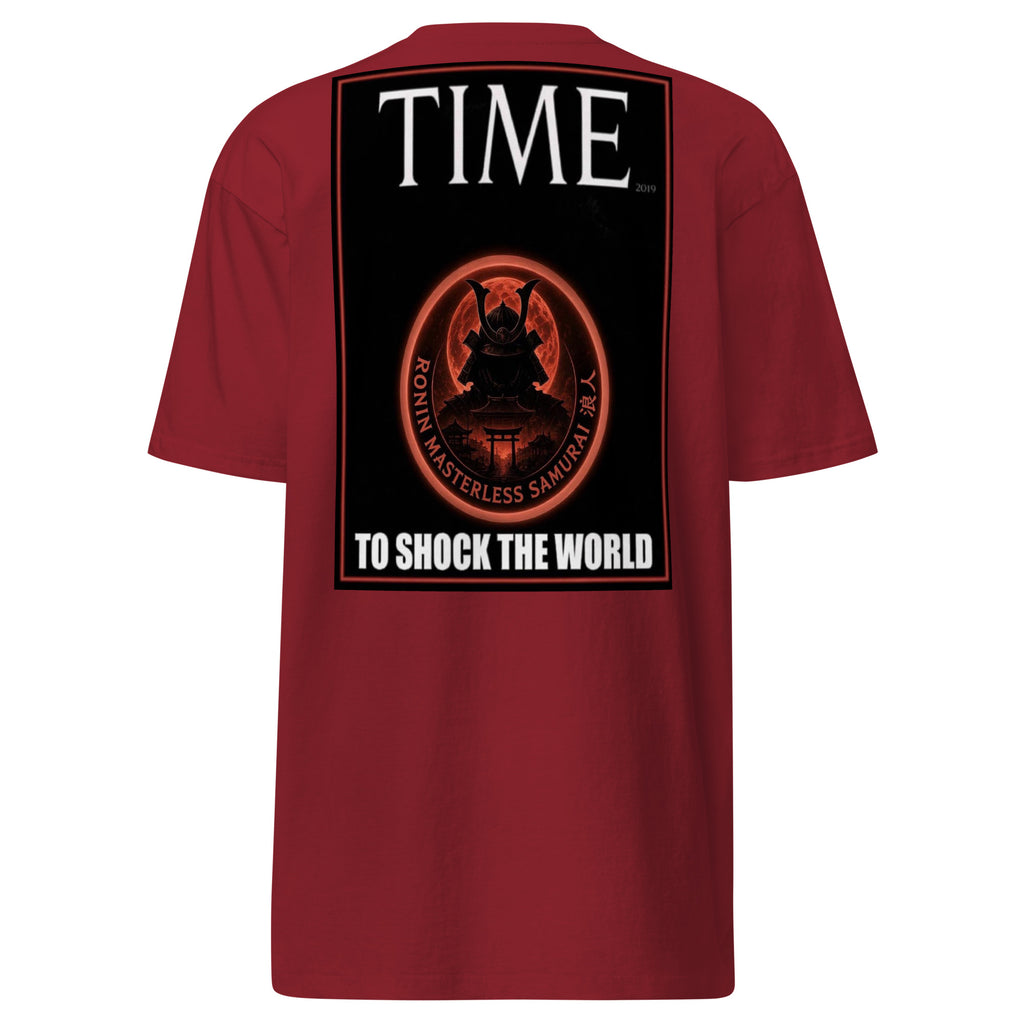 Ronin Cover Story Tee, brick red back: back print of a red-framed cover-style poster with the round RONIN samurai seal and TO SHOCK THE WORLD