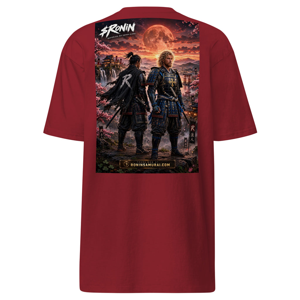 Sworn Brothers Ronin Tee, brick red back: two warriors, a dark-haired ronin and a golden-haired samurai in blue armor, under a blood-red moon with a white $RONIN