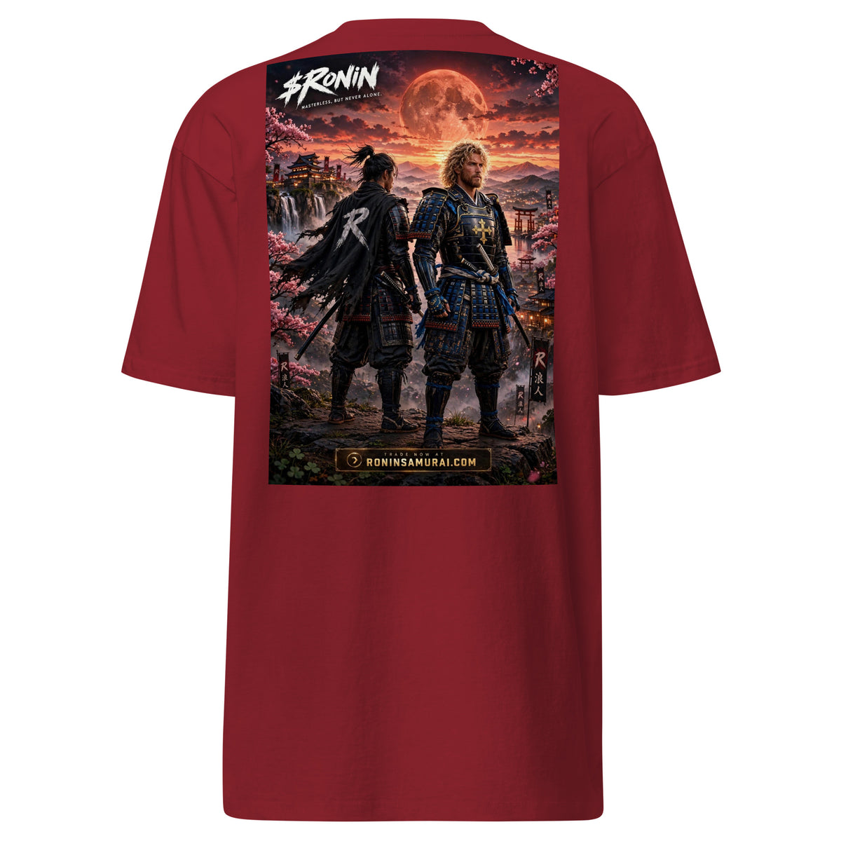 Sworn Brothers Ronin Tee, brick red back: two warriors, a dark-haired ronin and a golden-haired samurai in blue armor, under a blood-red moon with a white $RONIN