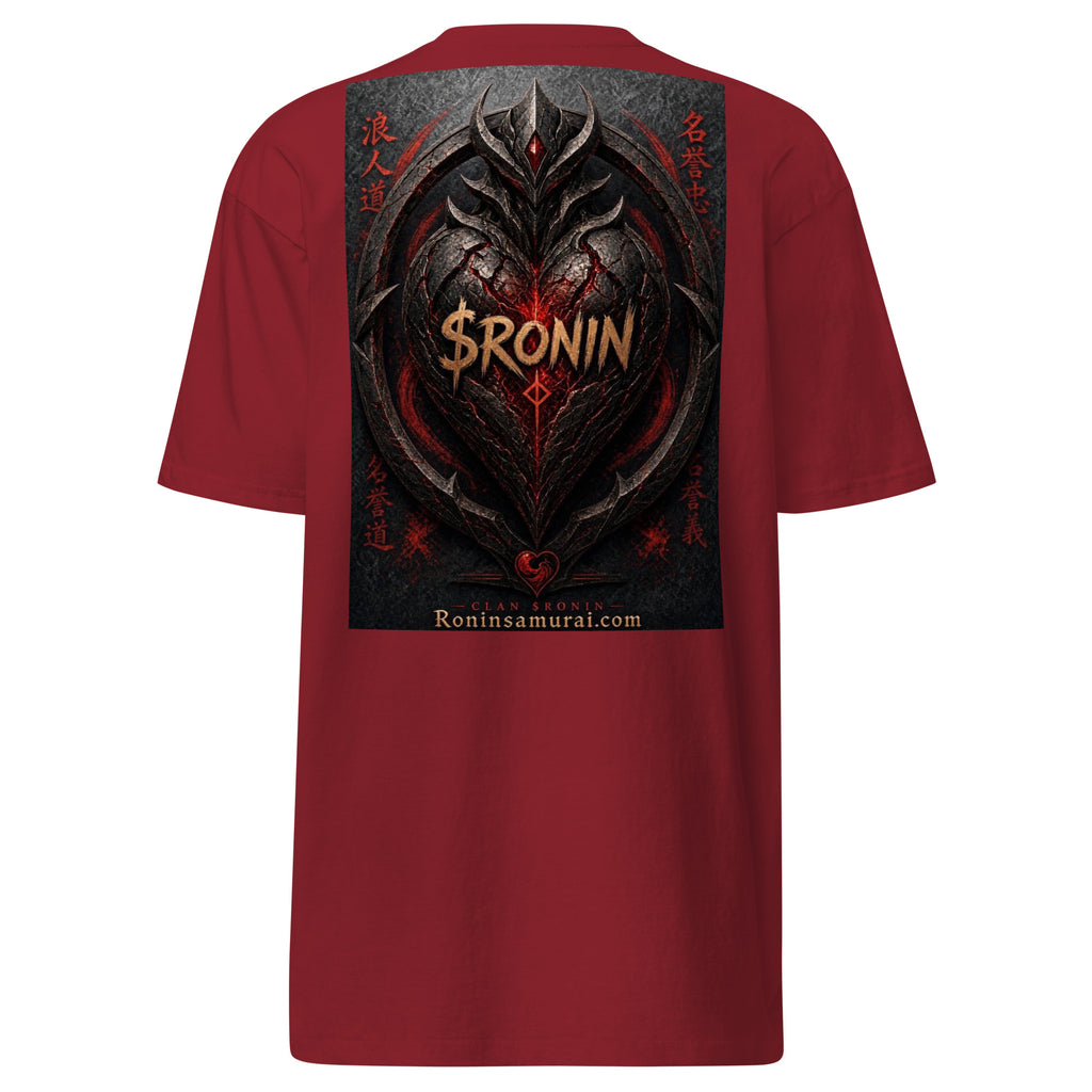 Obsidian Heart Ronin Tee, brick red back: spiked black armored heart with a glowing red core and $RONIN, red kanji at the sides