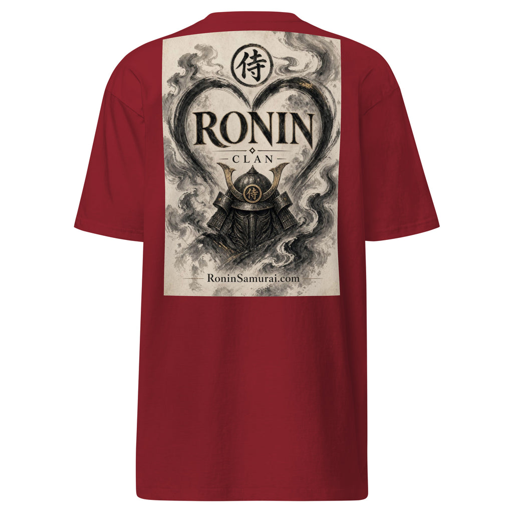 Ink Heart Ronin Clan Tee, brick red back: ink-wash heart around a kabuto helmet on cream paper, 侍 seal and RONIN CLAN