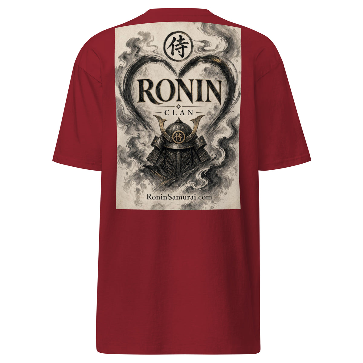 Ink Heart Ronin Clan Tee, brick red back: ink-wash heart around a kabuto helmet on cream paper, 侍 seal and RONIN CLAN