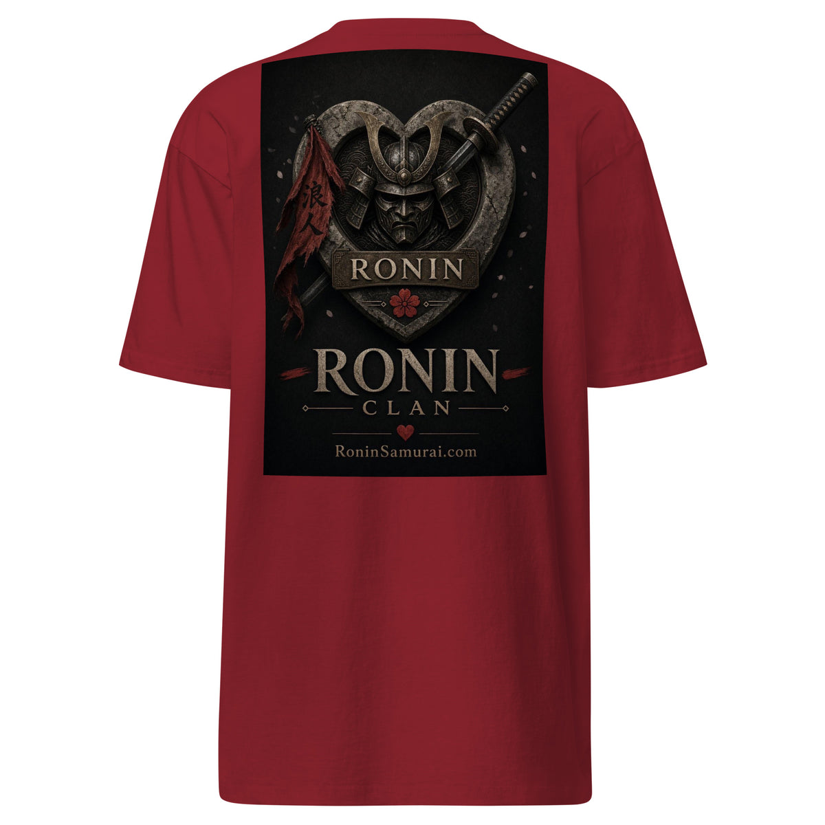 Kabuto Heart Ronin Clan Tee, brick red back: stone heart with a masked kabuto warrior, katana and red banner, RONIN CLAN