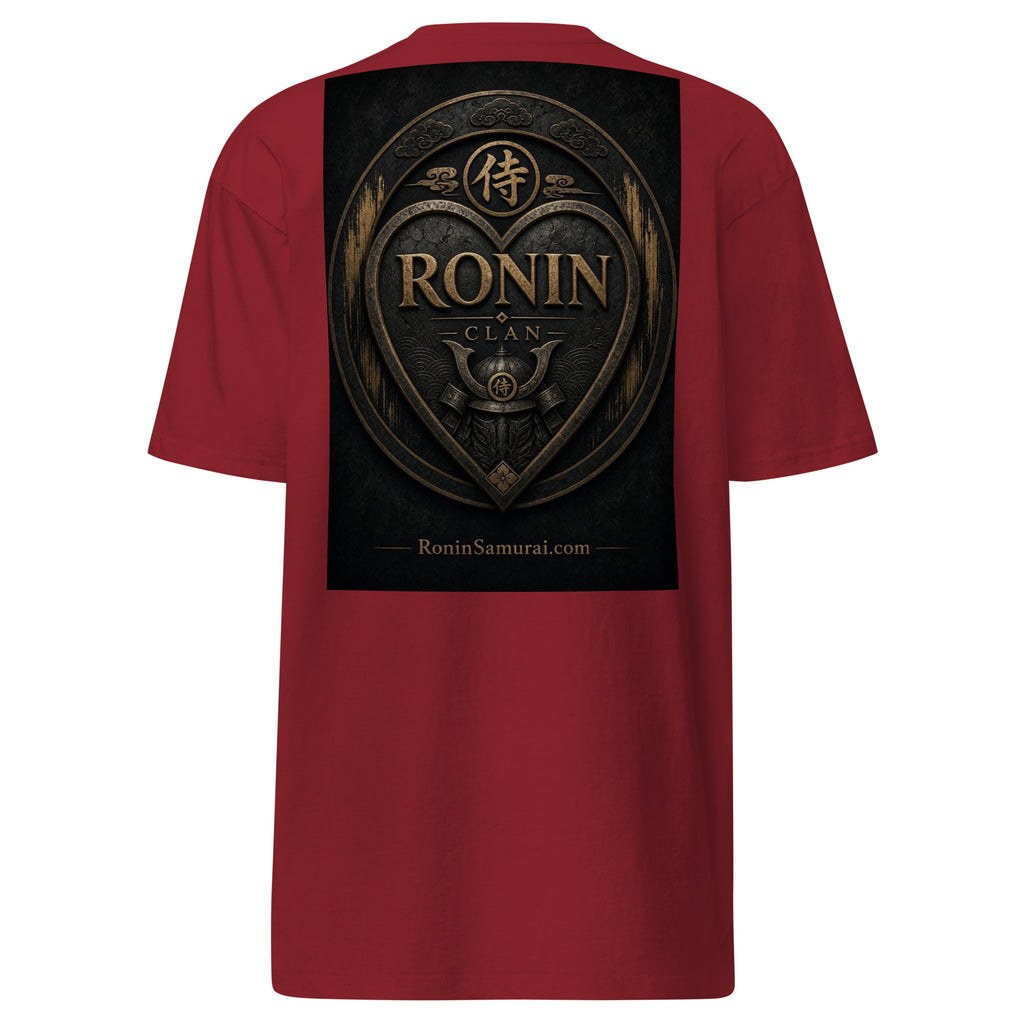 Bronze Crest Ronin Clan Tee, brick red back: bronze heart shield with the 侍 seal, RONIN CLAN and a kabuto emblem